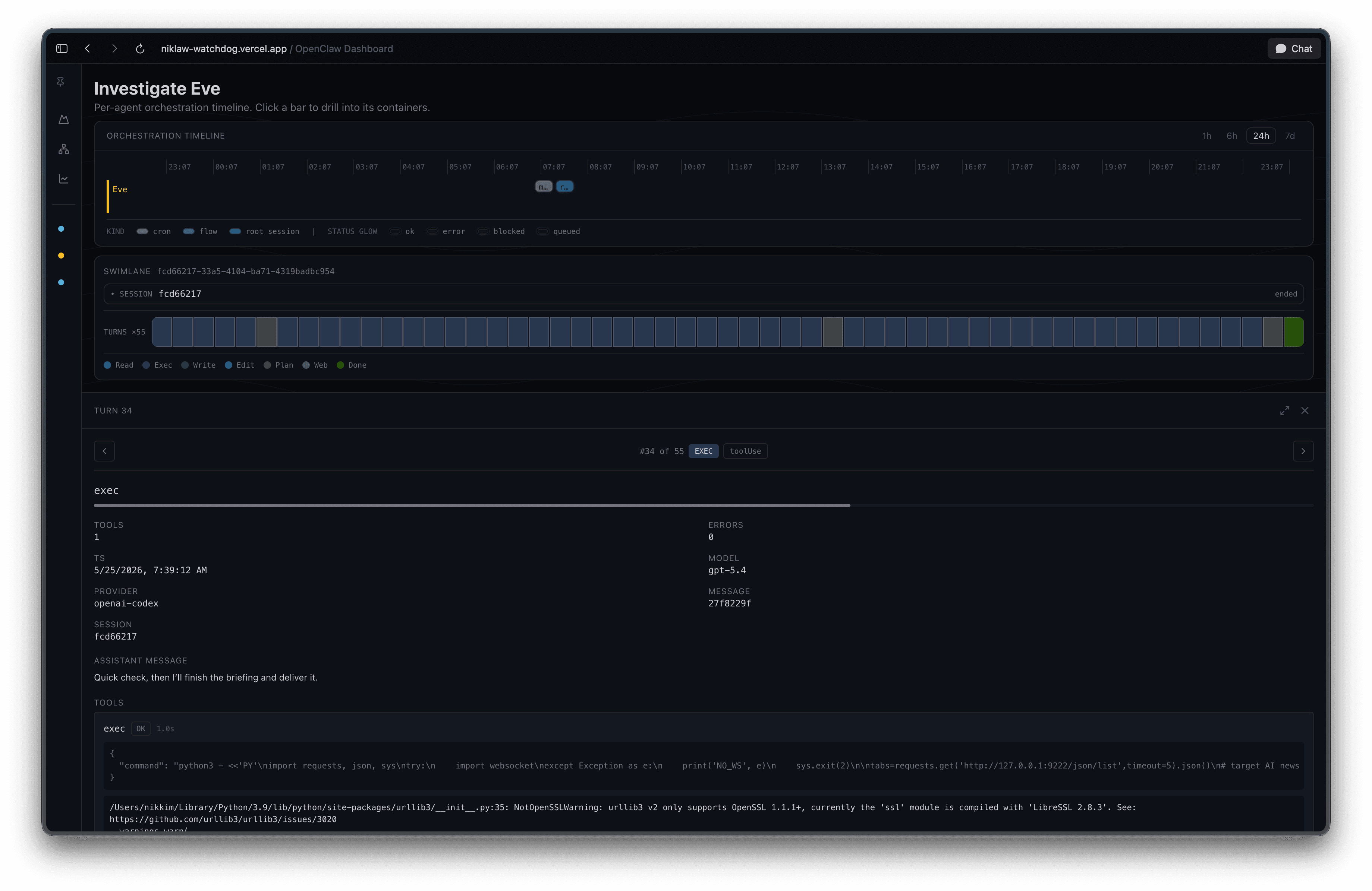 Investigate view: orchestration timeline, per-session swimlane, and one turn expanded with exec output, model, provider, and tools.