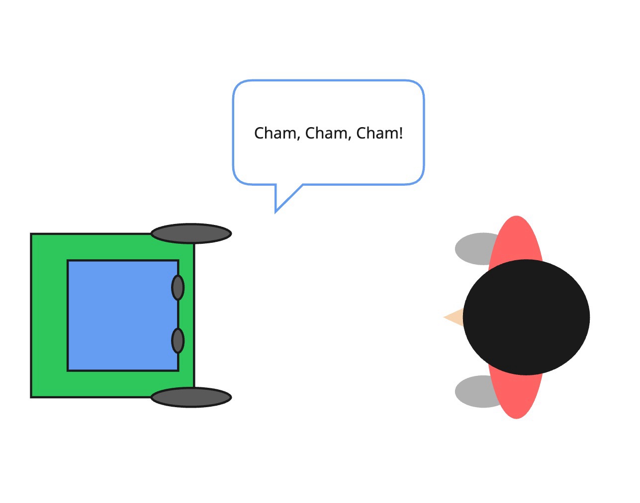 A robot recites cham cham cham.