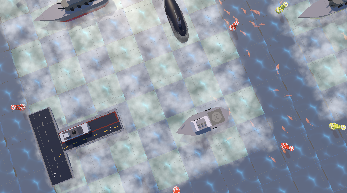 A game screenshot showing ship arrangement on water tiles checker board.