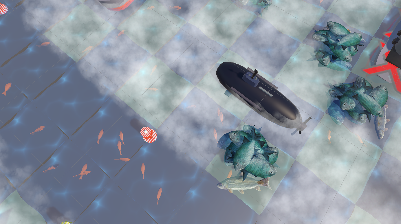 A game screenshot showing a school of fish that swims under the water board.